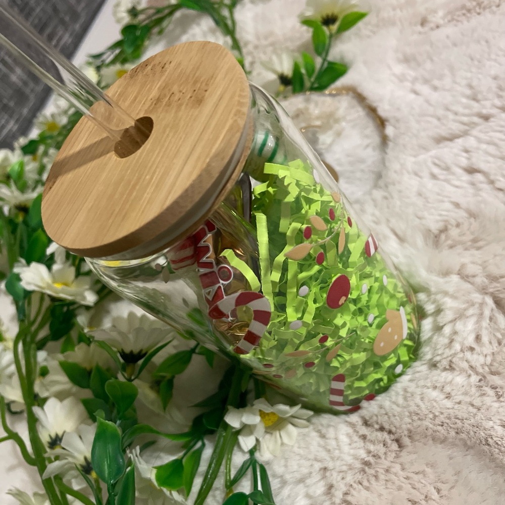 Glass cup with glass straw and bamboo lid